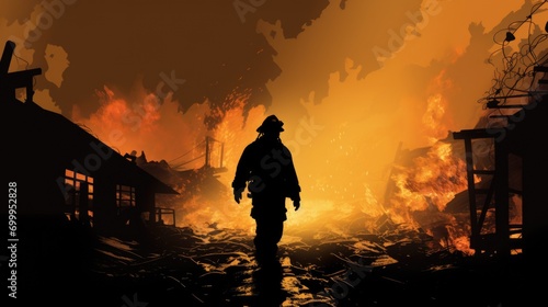 Illustration of a firefighter coming out of the fire smoke