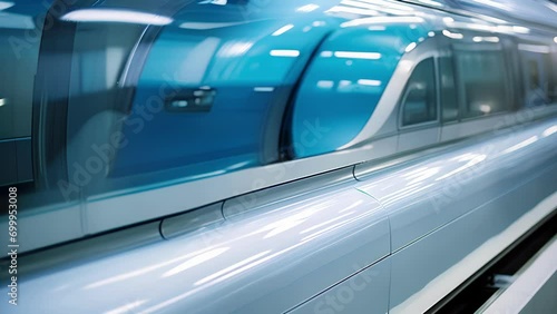 A highangle shot of the aerodynamic design of a maglev train, allowing for minimal air resistance and further enhancing the speed and efficiency of this advanced form of transport. photo