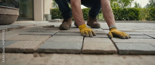 Laying gray concrete paving slabs in house courtyard driveway patio. Professional workers bricklayers are installing new tiles or slabs for driveway, sidewalk or patio on leveled sand foundation base. photo