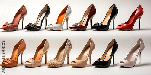 several women's high heel shoes in various sizes and designs, against a white background to evoke the idea of a diverse shoe collection. Chic and Trendy High Heel Shoe Collection photo