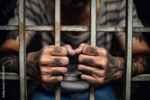 tattooed man behind bars, concept of criminals being in prison photo