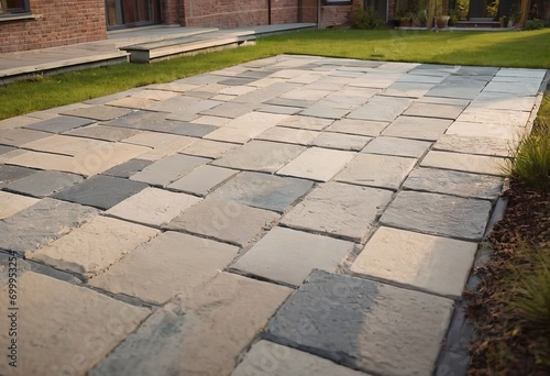 Laying gray concrete paving slabs in house courtyard driveway patio. Professional workers bricklayers are installing new tiles or slabs for driveway, sidewalk or patio on leveled sand foundation base. photo