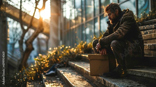 A man lost his home and lost work, became bankrupt, sits sad on the street among cardboard boxes with things photo