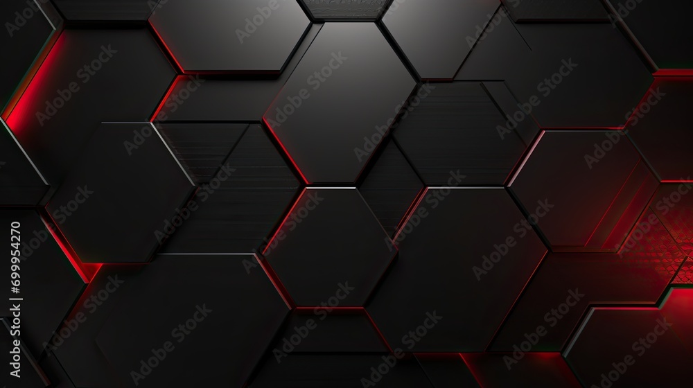 Abstract black grey metallic overlap red light hexagon mesh design modern luxury futuristic technology background - obrazy, fototapety, plakaty 
