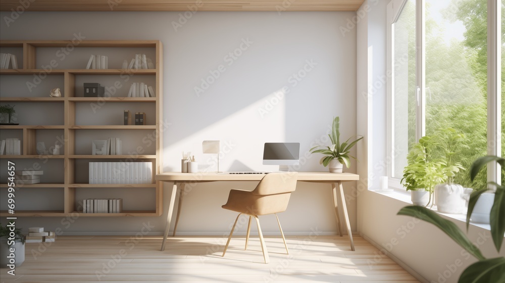 Minimalist home office with clean lines and natural light, promoting focus and productivity Minimalist home office with clean lines and natural light, promoting focus and productivity