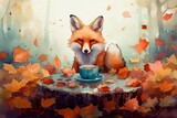 foliage colorful season autumn tea hot cup drinking forest sitting fox Illustration