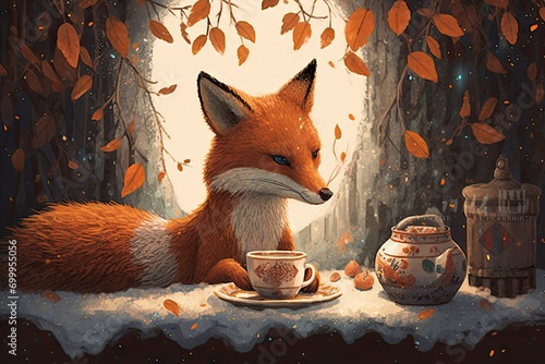 light candle season winter autumn tea hot cup drinking den forest sitting fox Illustration