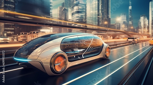 Self-driving car navigating a futuristic cityscape, its streamlined design hinting at the future of transportation photo
