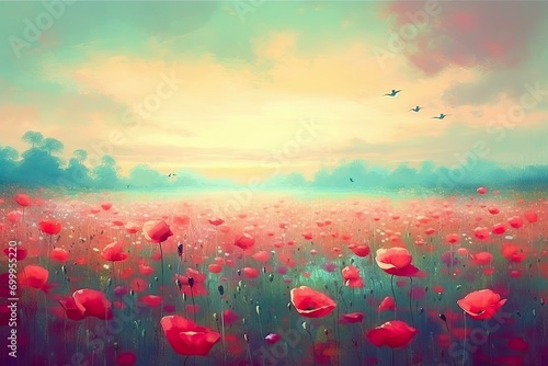 landscape blooming Illustration season summer spring birds sky colorful countryside flowers poppy red meadow Idyllic