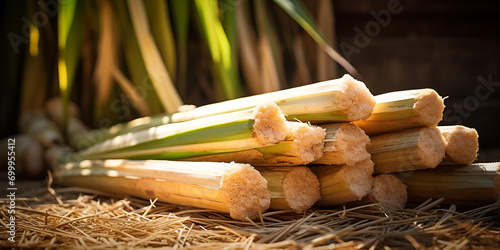 Creating Natural Beauty with Sugar Cane and Green Leaves in a Wooden Tray on a Beige Background photo