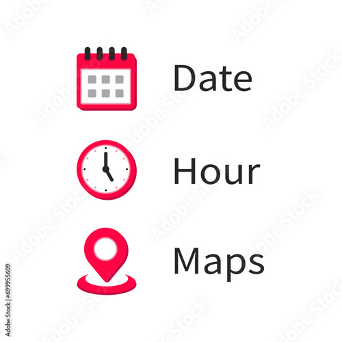 Date, Maps, Hour Vector illustration of colored icons on transparent background(png).