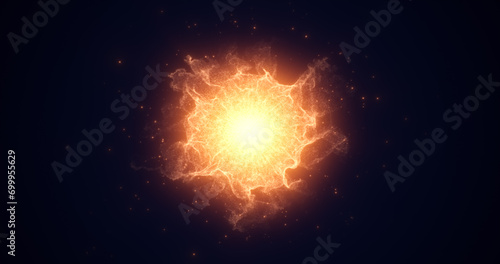 Abstract glowing yellow futuristic energy dust with waves of magical energy particles on a dark blue background