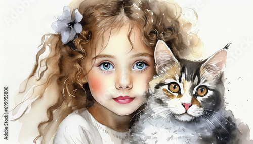 Mała dziewczynka z kotkiem, ilustracja, malowany obraz, dekoracja ścienna, generative ai