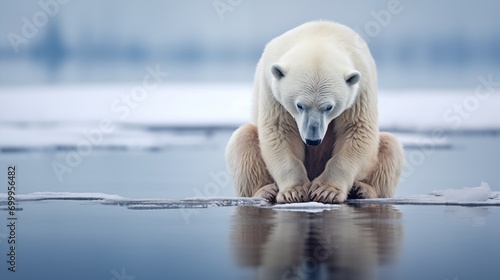 Exhausted and hungry Polar bears are becoming thin from global warming and melting ice photo