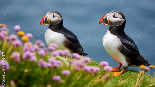 Two Atlantic puffins (Fratercula arctica) sitting on green grass with pink flowers. AI Generative photo
