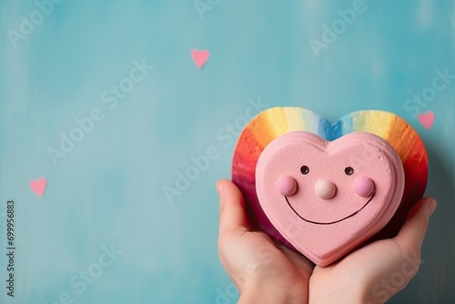 card greeting day valintines space copy background colorful face smiling hearth Holding photo