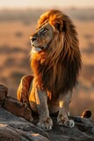 A Majestic Proud Lion King on the Savannah sitting regally on a Rock Wallpaper - Warm Light of the Setting Sun Highlighting its Mane - Lion Wildlife Background created with Generative AI Technology