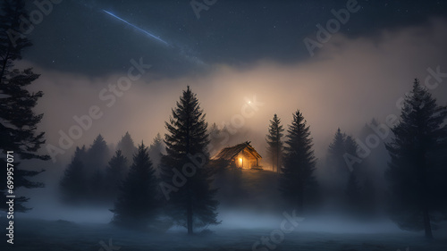 Night landscape  mysterious lonely house in misty autumn mountains  thriller  horror  fairy tale
