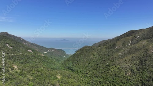 Aerial drone skyview of Hong Kong-Zhuhai-Macao Bridge at Chek Lap Kok Lantau Island near Tung Chung Tuen Min,is the longest bridge-cum-tunnel sea crossing in the world photo