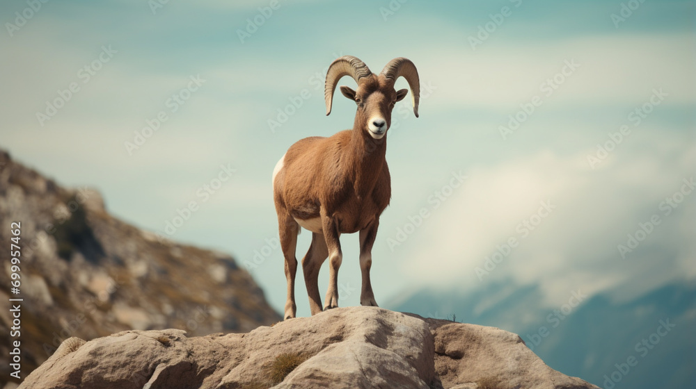 urial standing on the rock and looking at camera. AI Generative
