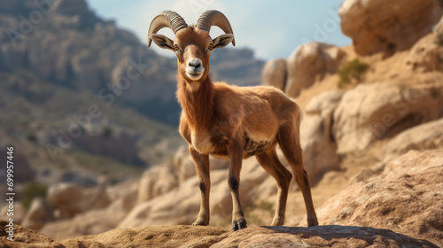 urial standing on the rock and looking at camera. AI Generative