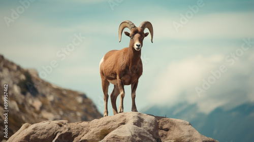 urial standing on the rock and looking at camera. AI Generative © Witri
