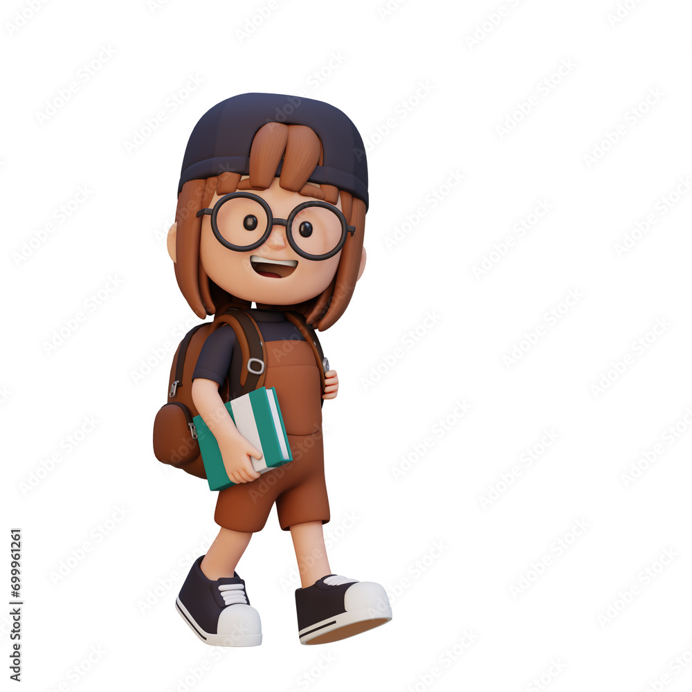 3D happy girl character walking go to school holding book
