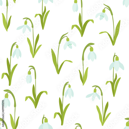 Seamless vector floral hand drawn pattern with flower snowdrop on white background