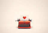 Red vintage typewriter on pink background. St. Valentine concept. Banner with copy space.