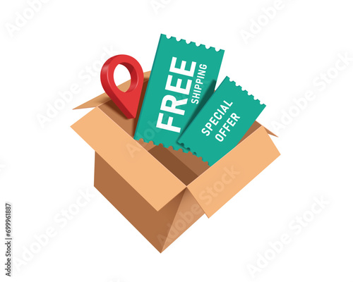 green free shipping promotion tag label and red pin location place in parcel box or cardboard box