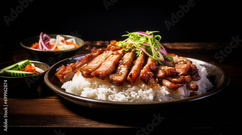 Succulent Grilled Pork Belly over Steamed Rice with Fresh Garnish