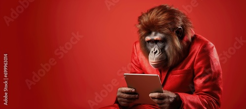 An orangutan in a red suit attentively using a tablet, against a red backdrop photo