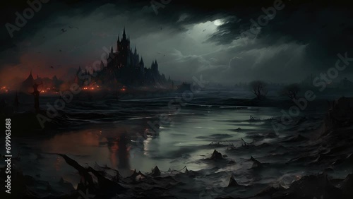 An ominous castle looms over a fogladen marsh distant bells ringing in the night. photo