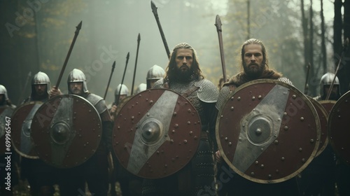 Vikings and medieval knights are shown on the battlefield holding their shields.