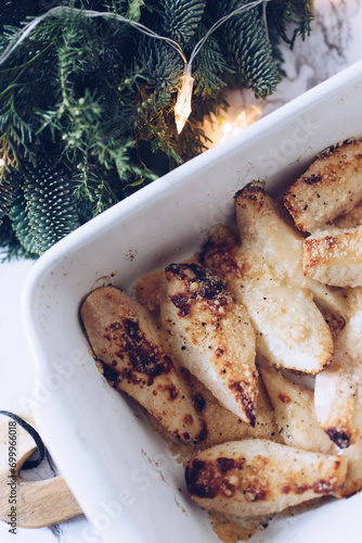 Pears baked with Parmesan. Healthy fats, clean eating for weight loss. photo