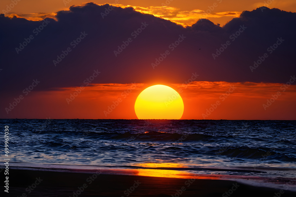 A sunrise or sunset from the sea. Generative AI