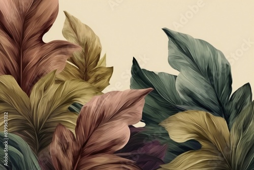 Vintage tropical green brown leaves  beige background  golden texture. Luxury mural  premium wallpaper. 3d painting illustration  watercolor design. Seamless border. generative ai.