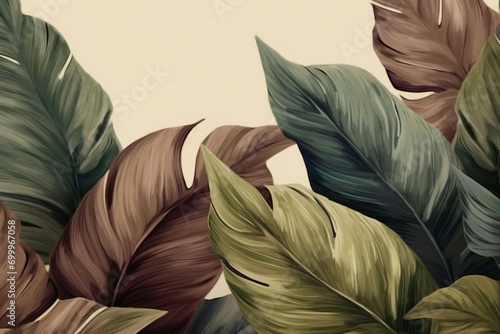 Vintage tropical green brown leaves, beige background, golden texture. Luxury mural, premium wallpaper. 3d painting illustration, watercolor design. Seamless border. generative ai.