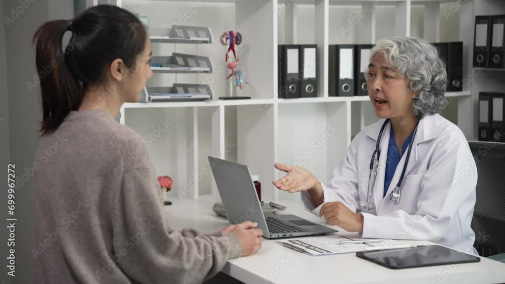 Senior Asian doctor counseling a young Asian woman at a table in a clinic, discussing results, follow-up checklists, healthcare advice or online prescriptions on a tablet computer.4k 60p Senior Asian doctor counseling a young Asian woman at a table in a clinic, discussing results, follow-up checklists, healthcare advice or online prescriptions on a tablet computer.4k 60p