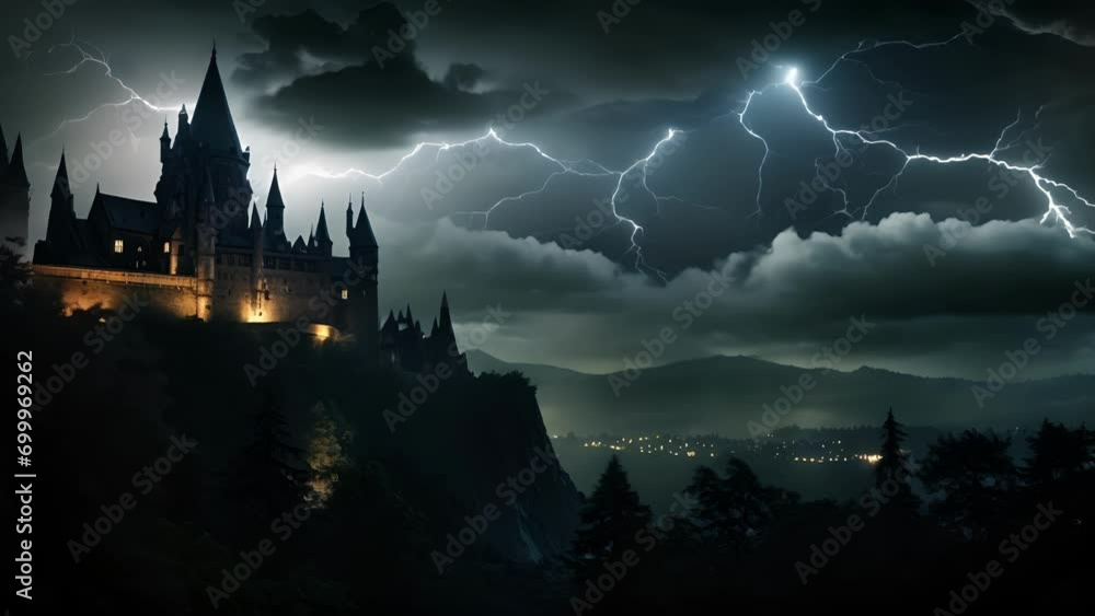 A looming castle outlined by a lightning storm in the night sky with a large raven perched atop the spires.