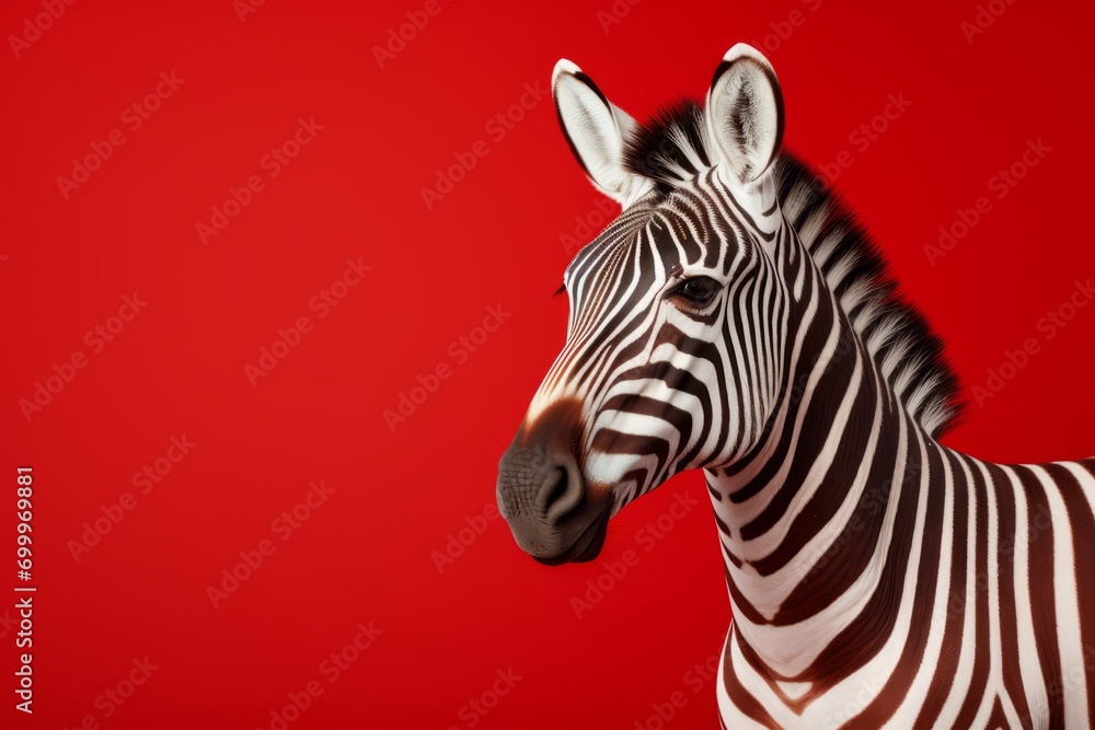 Vibrant close-up of a zebra against a captivating red background, creating a visually stunning 3D effect. Vibrant close-up of a zebra against a captivating red background, creating a visually stunning 3D effect.