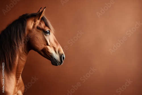 A stunning close-up of a majestic brown horse against a rich brown background, showcasing equine beauty.