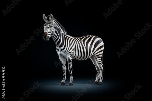Powerful image of a zebra standing boldly in the dark  showcasing mesmerizing zebra stripes.