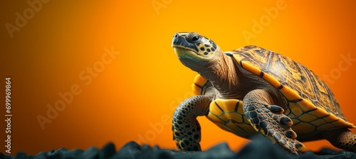 Ultra-realistic 3D illustration featuring a close-up of a giant tortoise on a rocky surface. photo