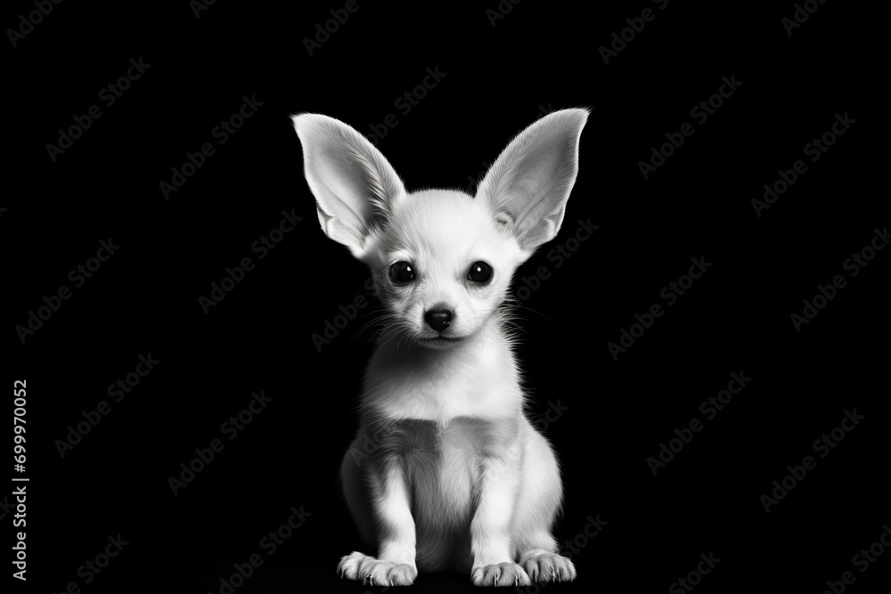 Black and white photo of a small dog with big, pointed, and cute fennec ears on top of his head, creating an adorable and captivating portrait.