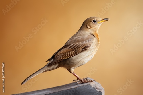 Small bird perched on a piece of wood, featuring a nightingale, creating a simple and charming scene in the natural environment.