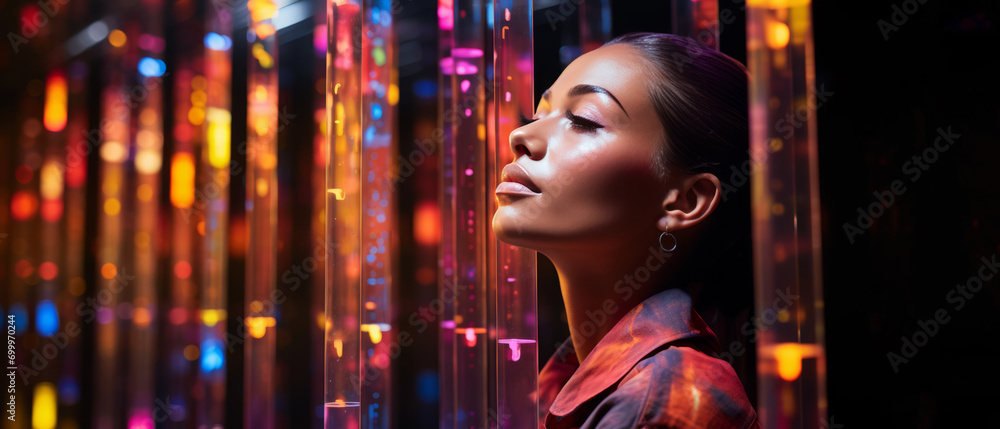 Woman standing in front of a wall of colorful lights, glowing with colored light, embodying a cyberpunk aesthetic with neon lighting, creating a visually striking and dynamic scene. Woman standing in front of a wall of colorful lights, glowing with colored light, embodying a cyberpunk aesthetic with neon lighting, creating a visually striking and dynamic scene.