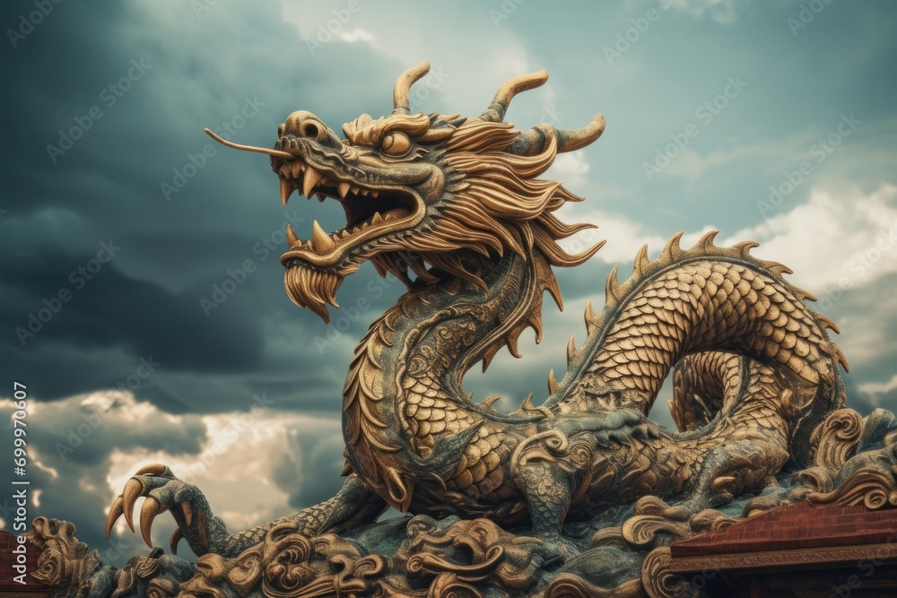 illustration of traditional Chinese wooden dragon against cloudy sky New Year concept illustration of traditional Chinese wooden dragon against cloudy sky New Year concept