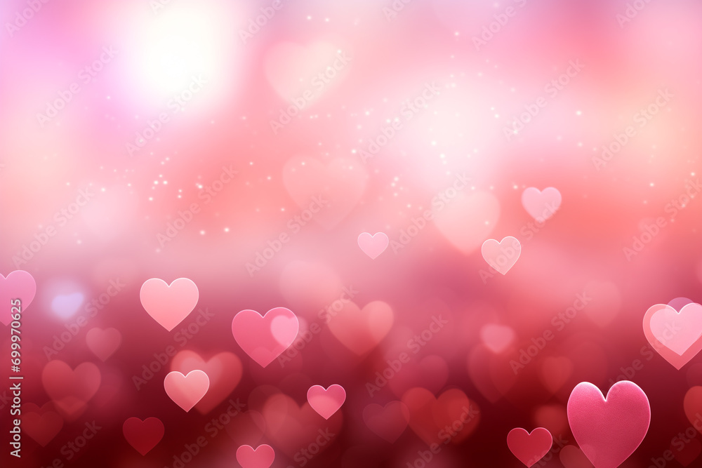 Romantic pink heart-shaped bokeh background with soft glowing lights..
