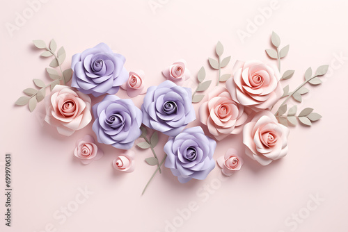 Paper art floral composition with pastel pink and purple roses on a soft background